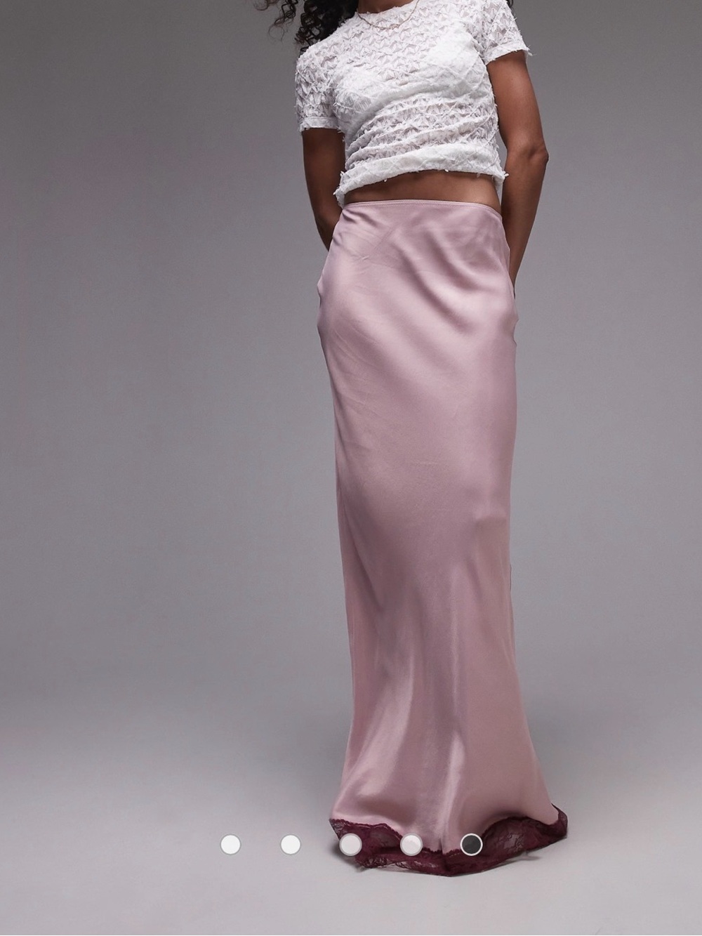NWOT- Topshop satin bias maxi skirt in pink with burgundy lace, size US 8 - Picture 5 of 12